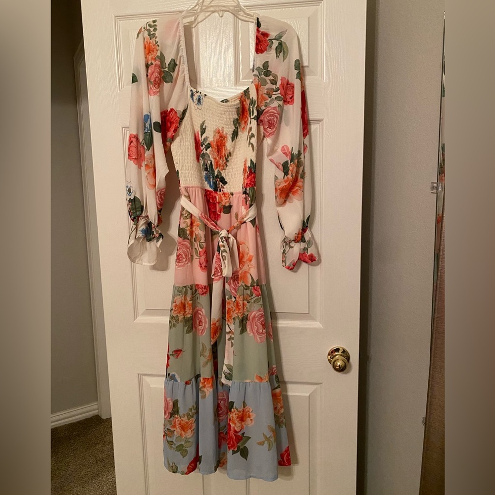 Floral, smocked, off-shoulder tiered dress